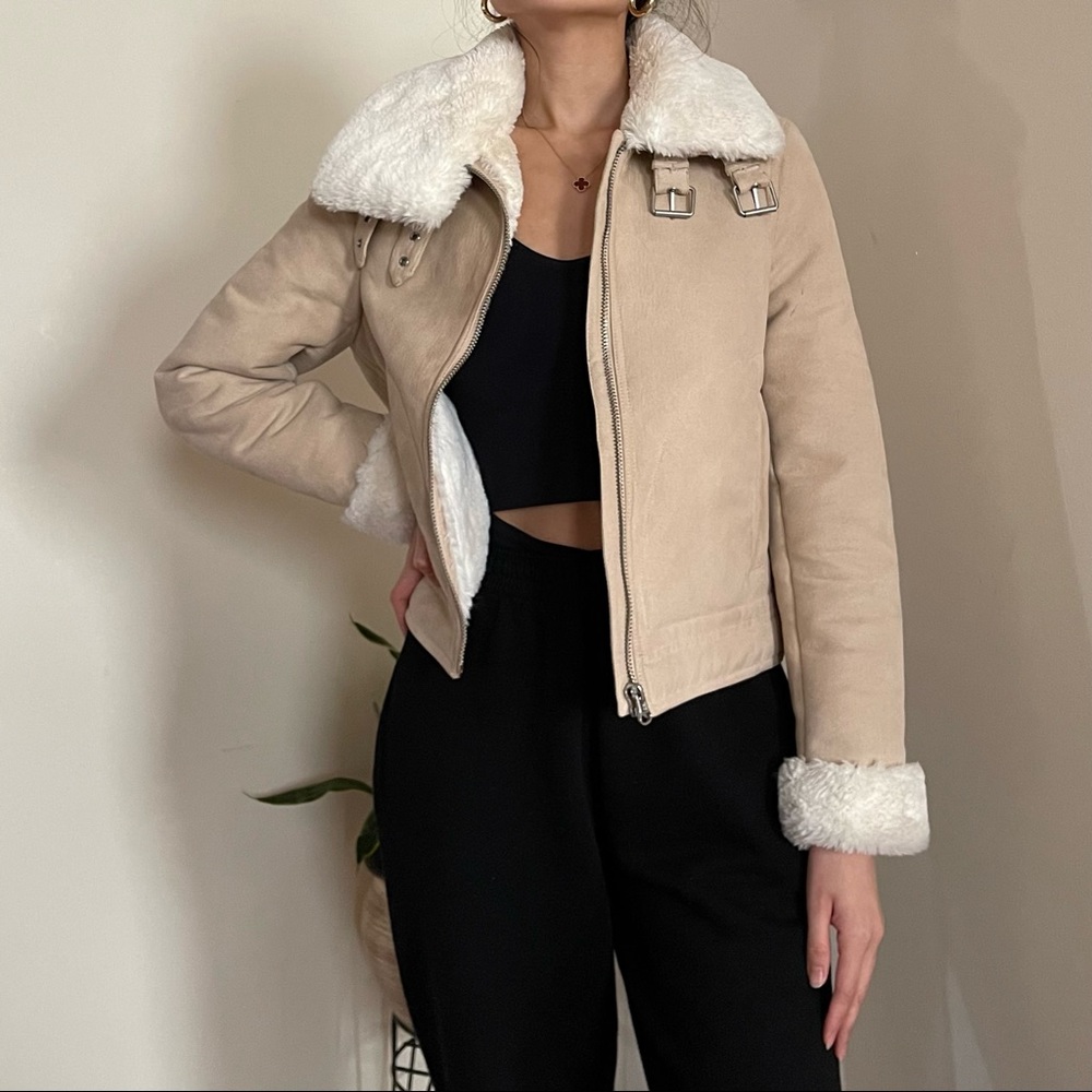H&M Cream and White Faux Fur Trim Suede Jacket, size US 6
